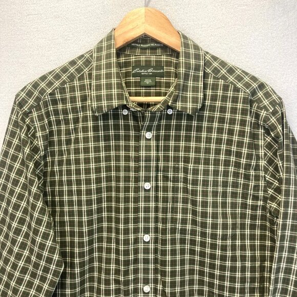 Eddie Bauer Relaxed Fit Button Up Shirt Mens Large Tall LT Green Red Plaid - Picture 3 of 15